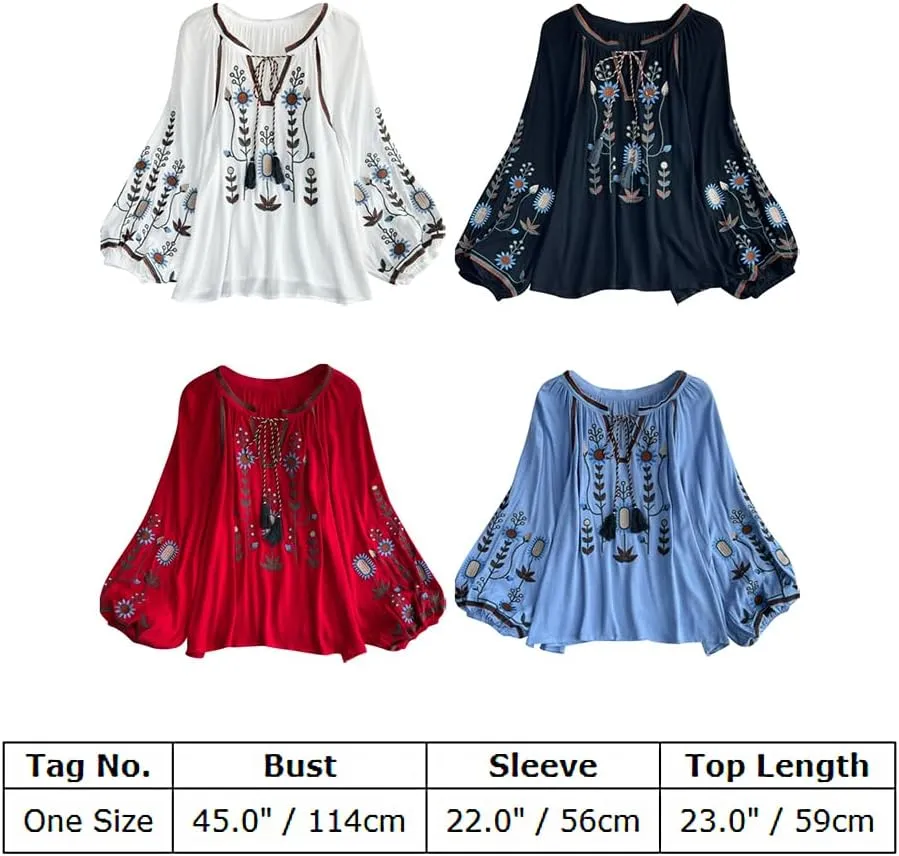 Mexican Embroidered Shirt for Women Causal Top Women's Lantern Sleeve Round Neck Fringe Blouse