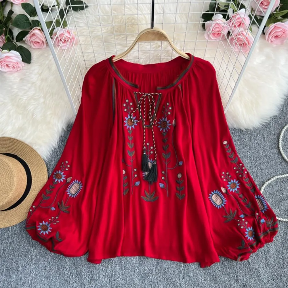 Mexican Embroidered Shirt for Women Causal Top Women's Lantern Sleeve Round Neck Fringe Blouse