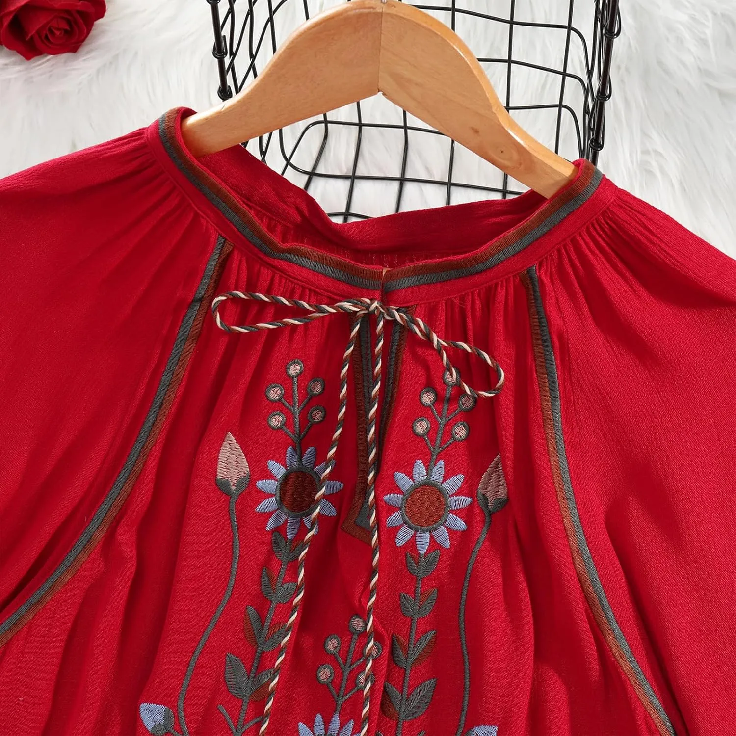 Mexican Embroidered Shirt for Women Causal Top Women's Lantern Sleeve Round Neck Fringe Blouse