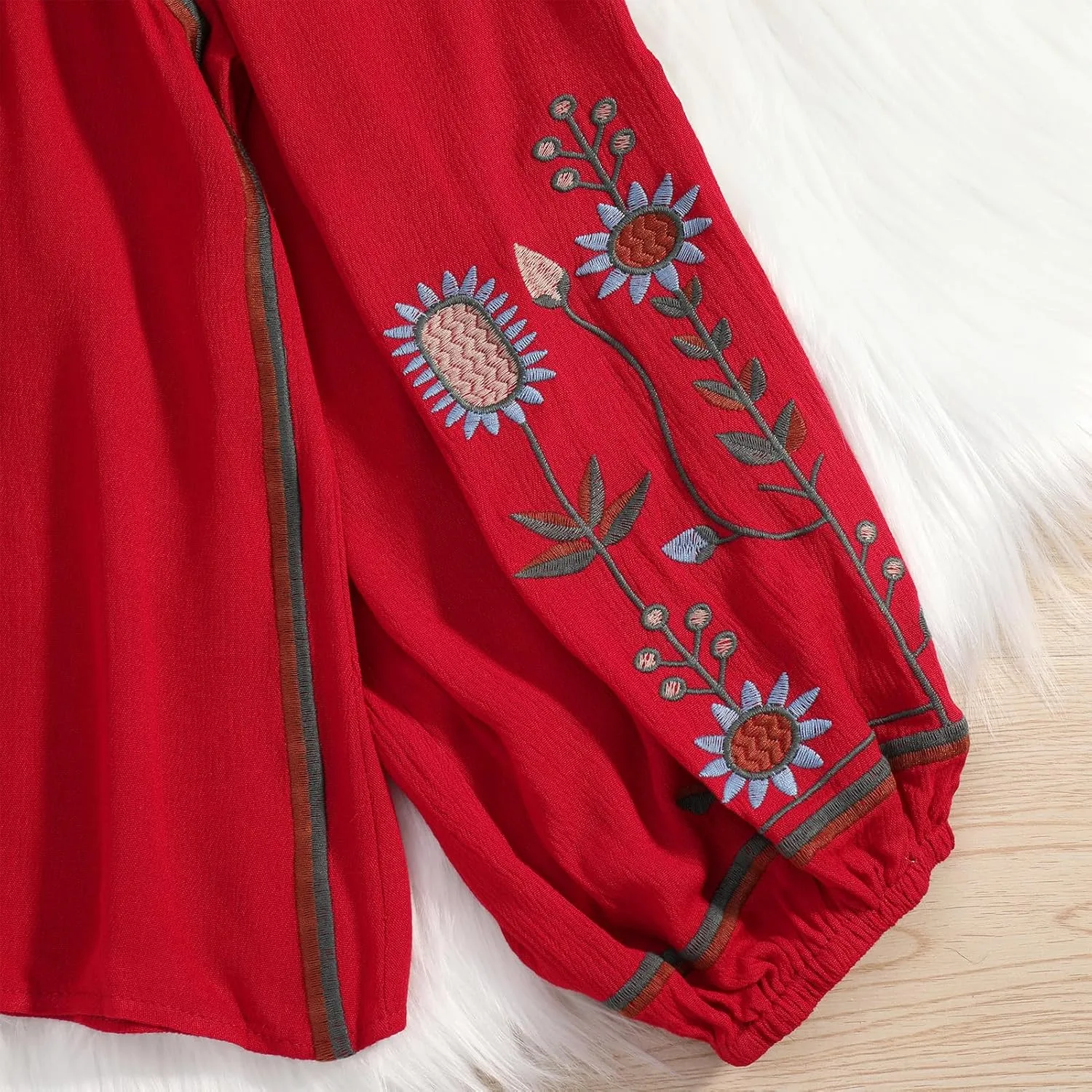 Mexican Embroidered Shirt for Women Causal Top Women's Lantern Sleeve Round Neck Fringe Blouse