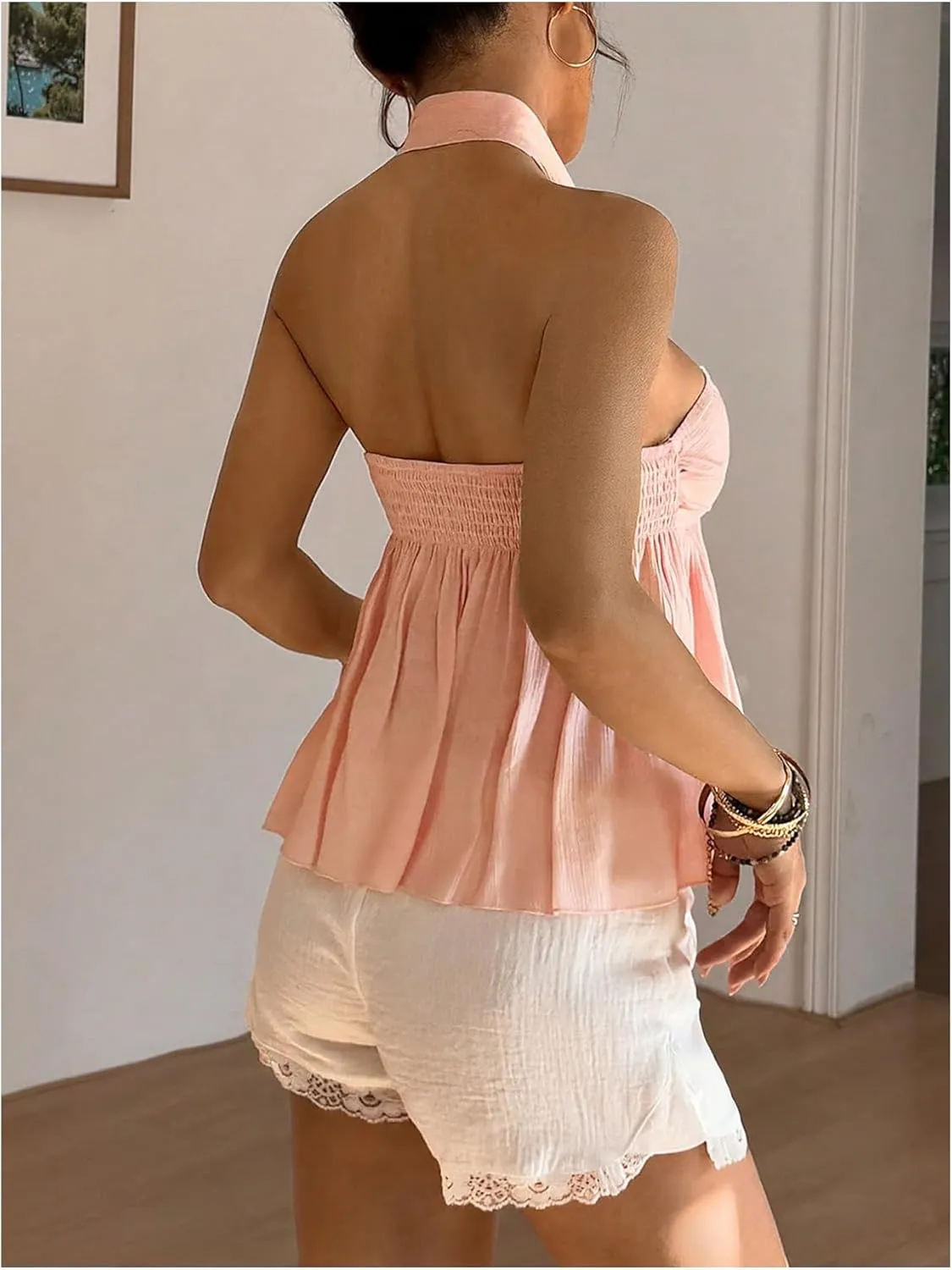 Milumia Women's Halter Crop Tops Twist Front Backless Ruffle Hem Going Out Tank Top