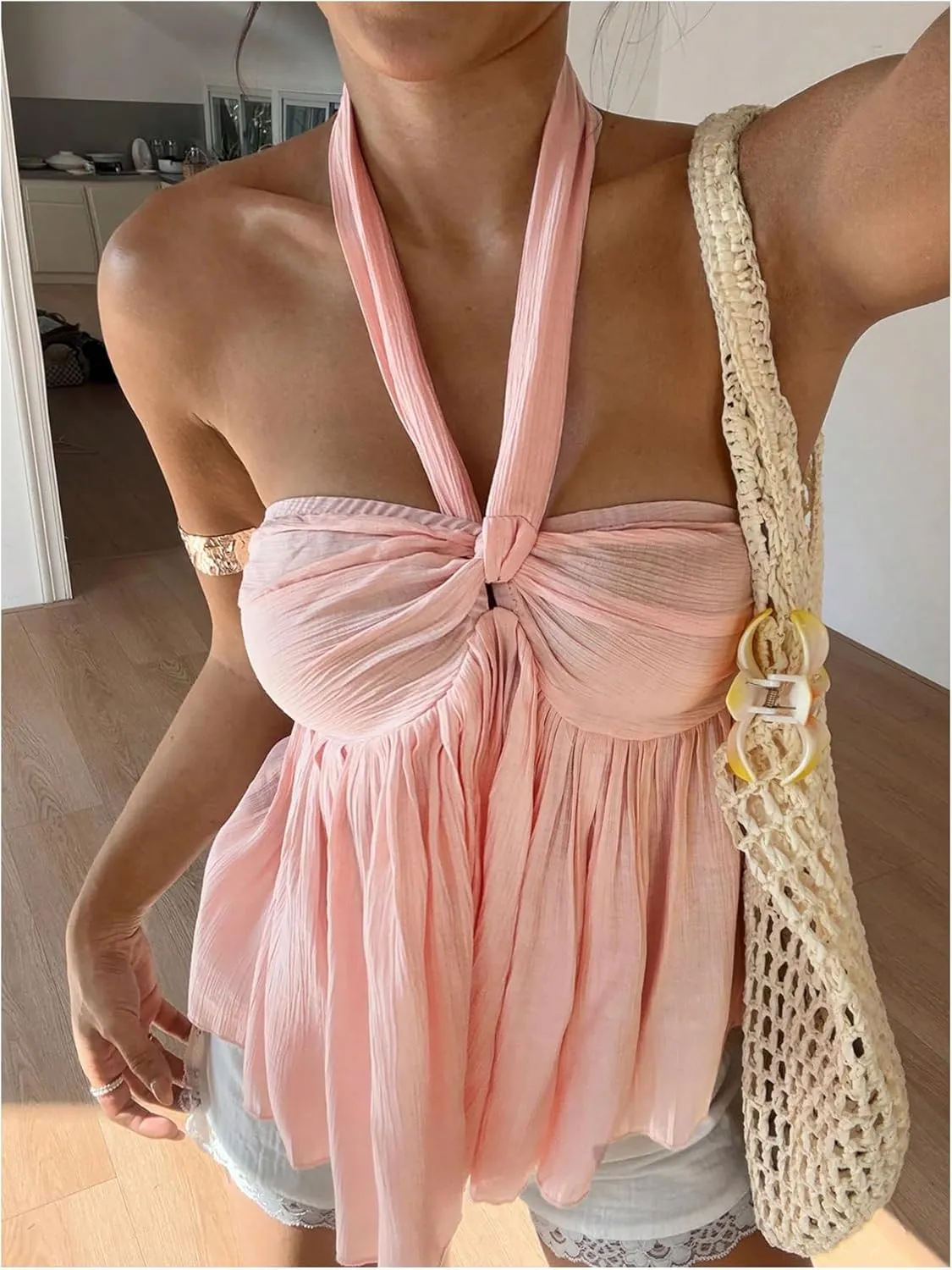 Milumia Women's Halter Crop Tops Twist Front Backless Ruffle Hem Going Out Tank Top