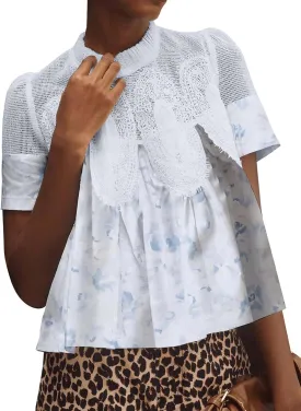 MISSACTIVER Women Lace Trim Short Sleeve Blouse Swing Crew Neck Ruffle Hem Mesh Shirts Summer Loose Poplin Babydoll Tops