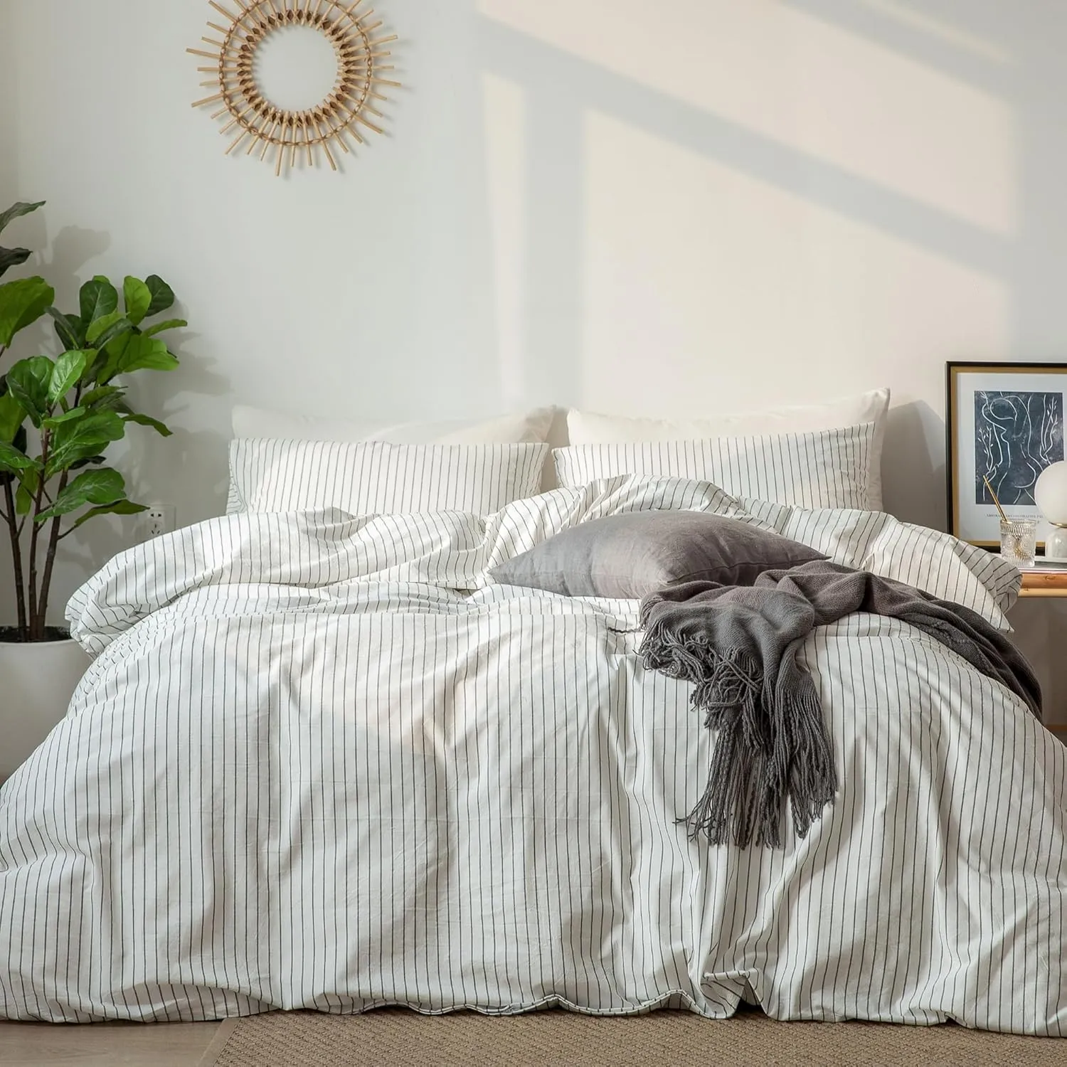 MooMee Striped Duvet Cover Set 100% Washed Cotton Linen Like Textured Breathable Durable Soft Comfy (White Dark Grey Wide Stripes, King 104"x90")