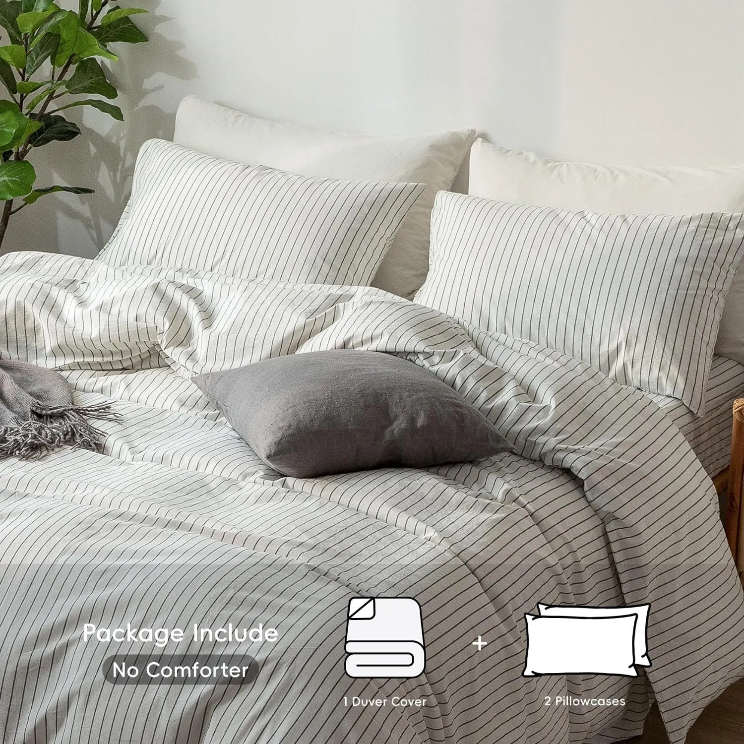 MooMee Striped Duvet Cover Set 100% Washed Cotton Linen Like Textured Breathable Durable Soft Comfy (White Dark Grey Wide Stripes, King 104"x90")
