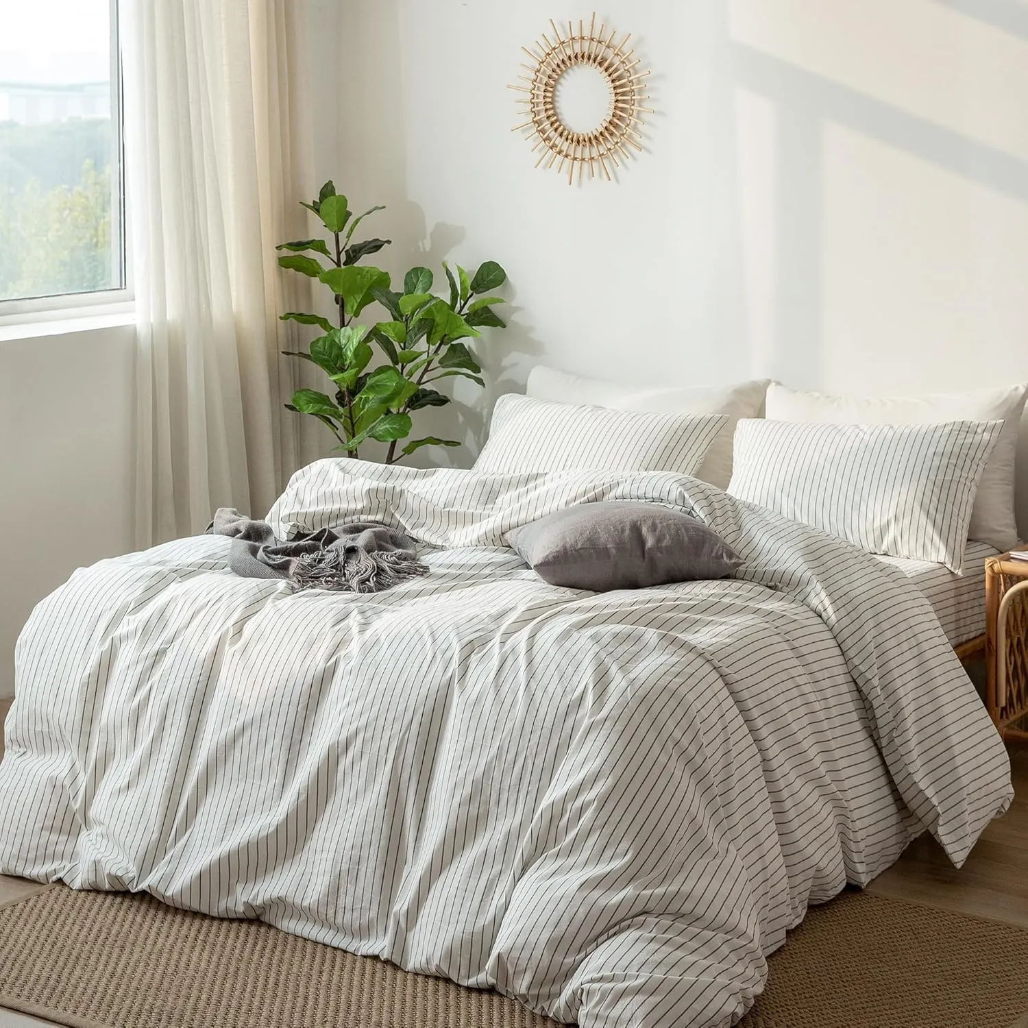 MooMee Striped Duvet Cover Set 100% Washed Cotton Linen Like Textured Breathable Durable Soft Comfy (White Dark Grey Wide Stripes, King 104"x90")
