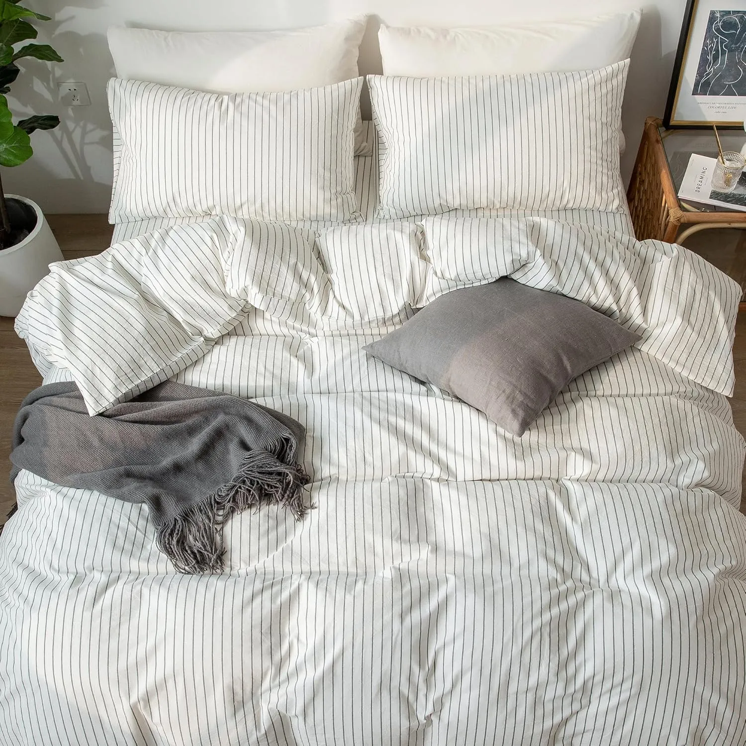 MooMee Striped Duvet Cover Set 100% Washed Cotton Linen Like Textured Breathable Durable Soft Comfy (White Dark Grey Wide Stripes, King 104"x90")