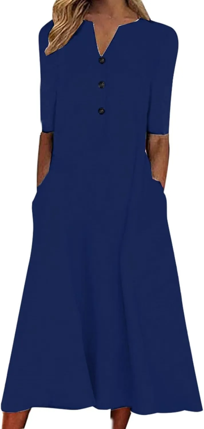 NaRHbrg Womens Summer Dress Casual Floral Print Midi Dress Button V Neck Short Sleeve Dresses Flowy Boho Beach Party Sundress
