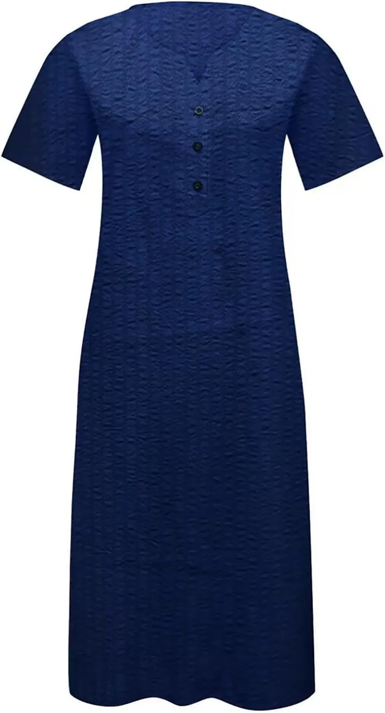 NaRHbrg Womens Summer Dress Casual Floral Print Midi Dress Button V Neck Short Sleeve Dresses Flowy Boho Beach Party Sundress