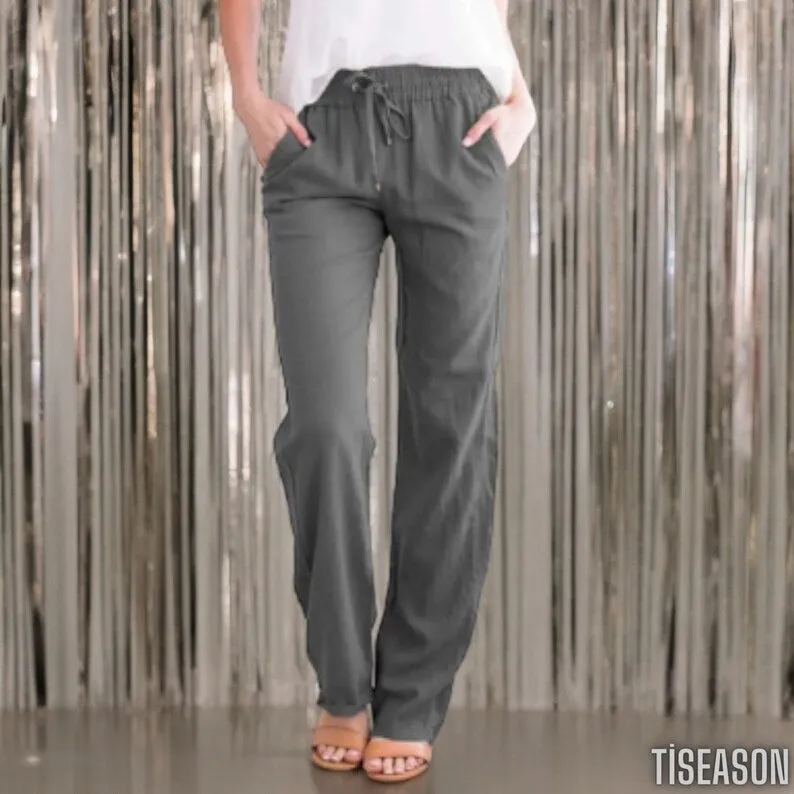 NEW Summer Women's Cotton Linen Drawstring Loose Wide-Leg Pants | Trousers with Pockets, Grey, 100% Cotton, Sz XL