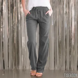 NEW Summer Women's Cotton Linen Drawstring Loose Wide-Leg Pants | Trousers with Pockets, Grey, 100% Cotton, Sz XL