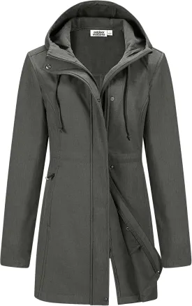 Outdoor Ventures Women's Lightweight Waterproof Fleece Lined Hooded Softshell Rain Jacket, Warm Windbreaker Long Coat