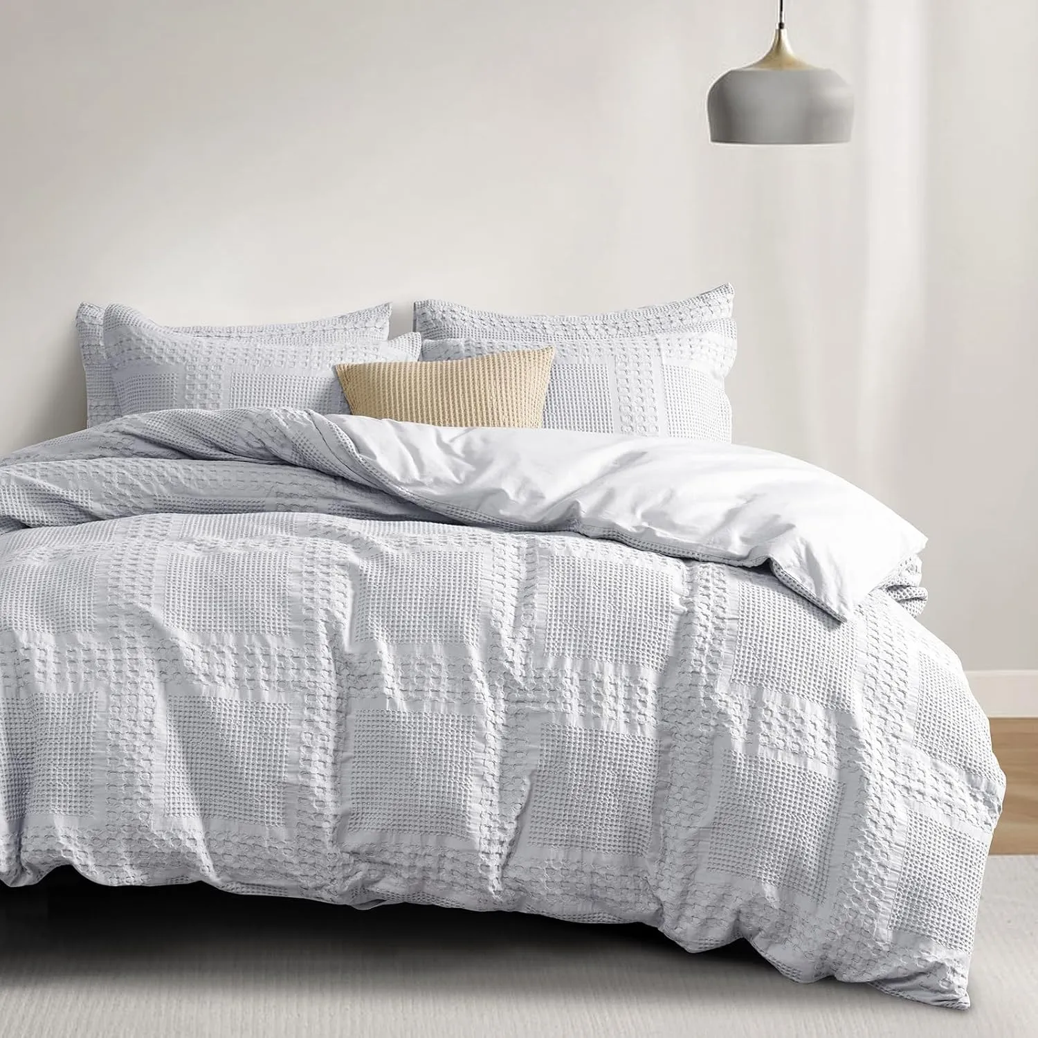 PHF 100% Cotton Waffle Duvet Cover King Size, 3 Pieces Soft Breathable Duvet Set for All Season, Pre-Washed Decorative Textured Comforter Cover with 2 Pillow Shams, 106" x 92", Light Grey