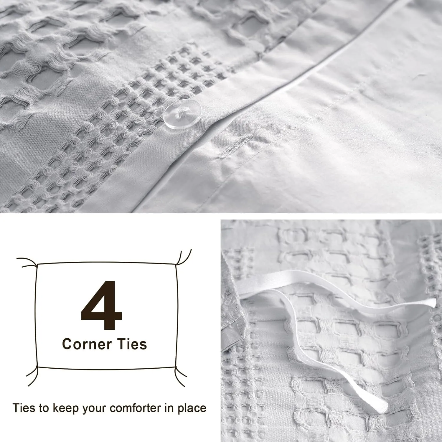 PHF 100% Cotton Waffle Duvet Cover King Size, 3 Pieces Soft Breathable Duvet Set for All Season, Pre-Washed Decorative Textured Comforter Cover with 2 Pillow Shams, 106" x 92", Light Grey