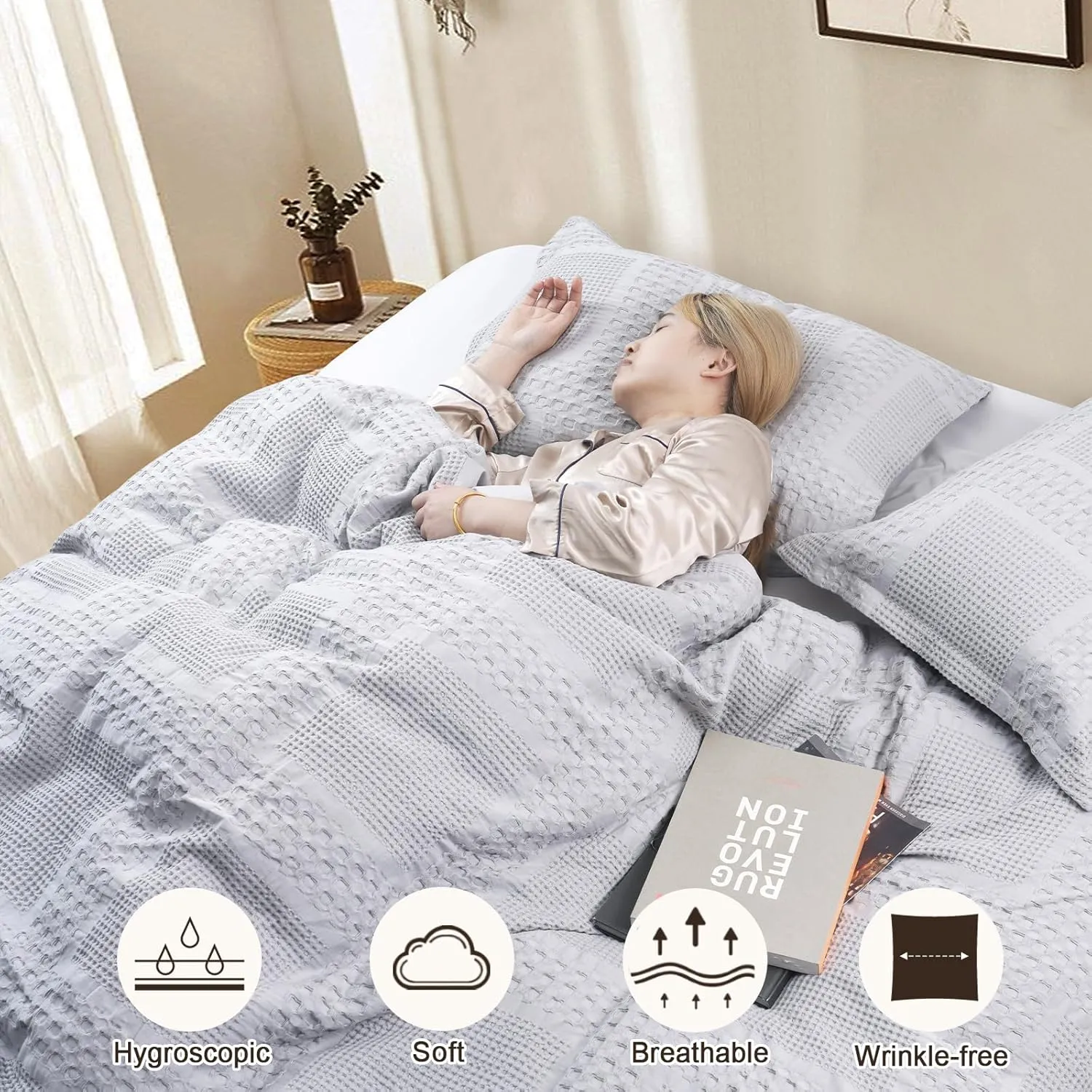 PHF 100% Cotton Waffle Duvet Cover King Size, 3 Pieces Soft Breathable Duvet Set for All Season, Pre-Washed Decorative Textured Comforter Cover with 2 Pillow Shams, 106" x 92", Light Grey