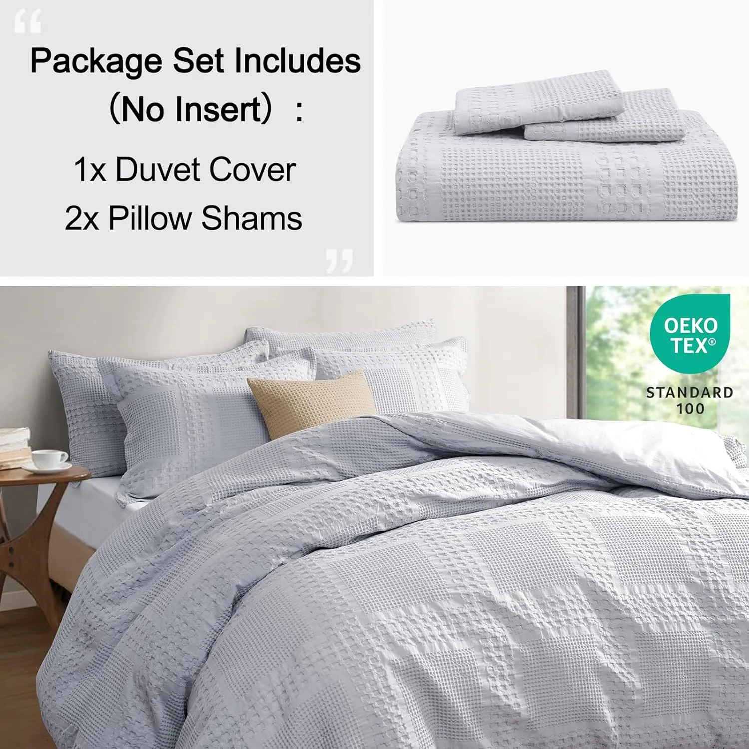 PHF 100% Cotton Waffle Duvet Cover King Size, 3 Pieces Soft Breathable Duvet Set for All Season, Pre-Washed Decorative Textured Comforter Cover with 2 Pillow Shams, 106" x 92", Light Grey
