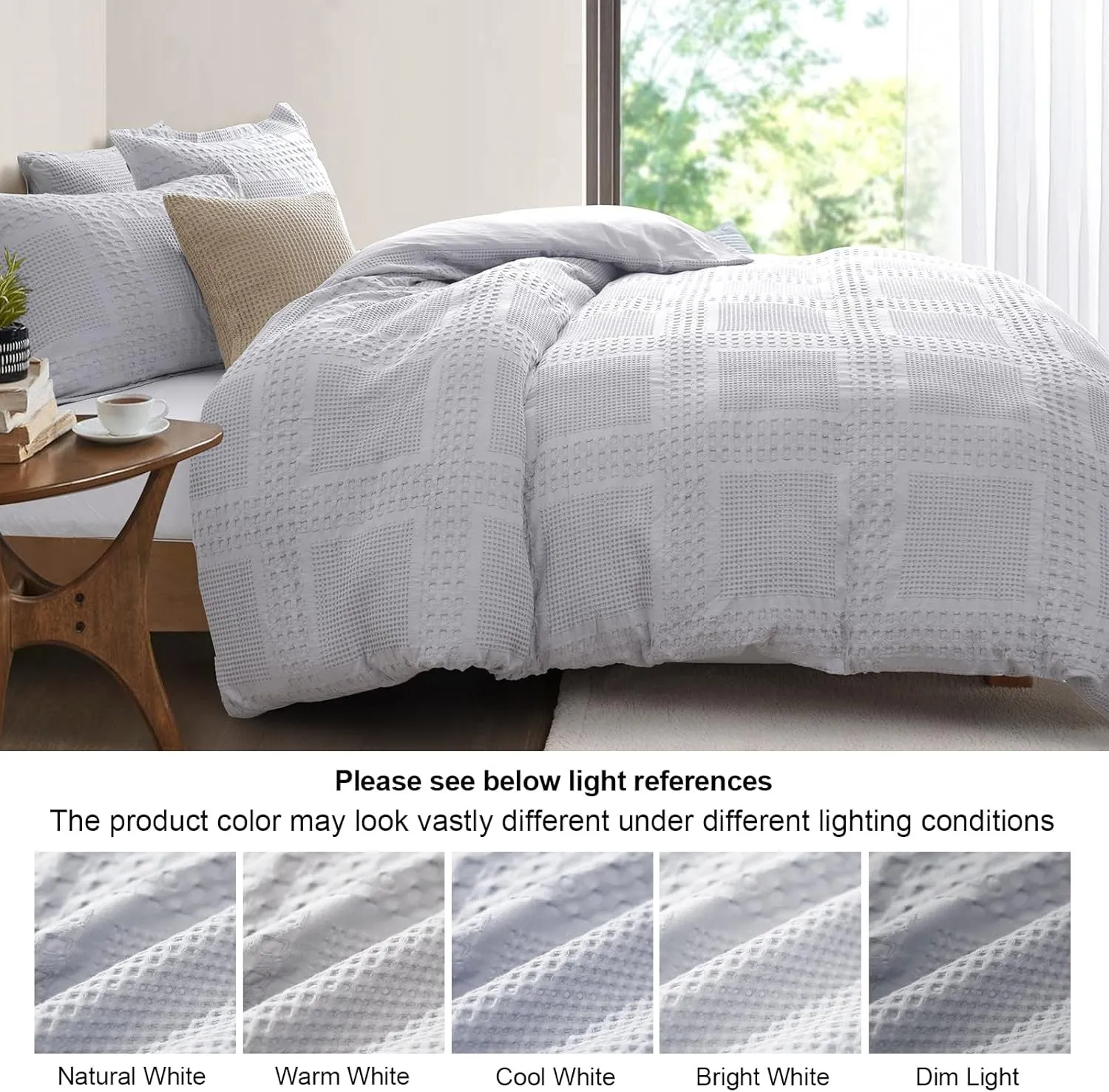 PHF 100% Cotton Waffle Duvet Cover King Size, 3 Pieces Soft Breathable Duvet Set for All Season, Pre-Washed Decorative Textured Comforter Cover with 2 Pillow Shams, 106" x 92", Light Grey