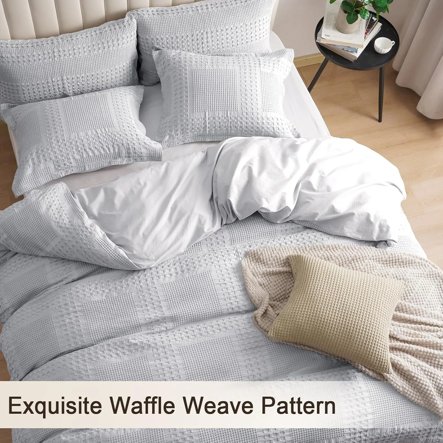 PHF 100% Cotton Waffle Duvet Cover King Size, 3 Pieces Soft Breathable Duvet Set for All Season, Pre-Washed Decorative Textured Comforter Cover with 2 Pillow Shams, 106" x 92", Light Grey