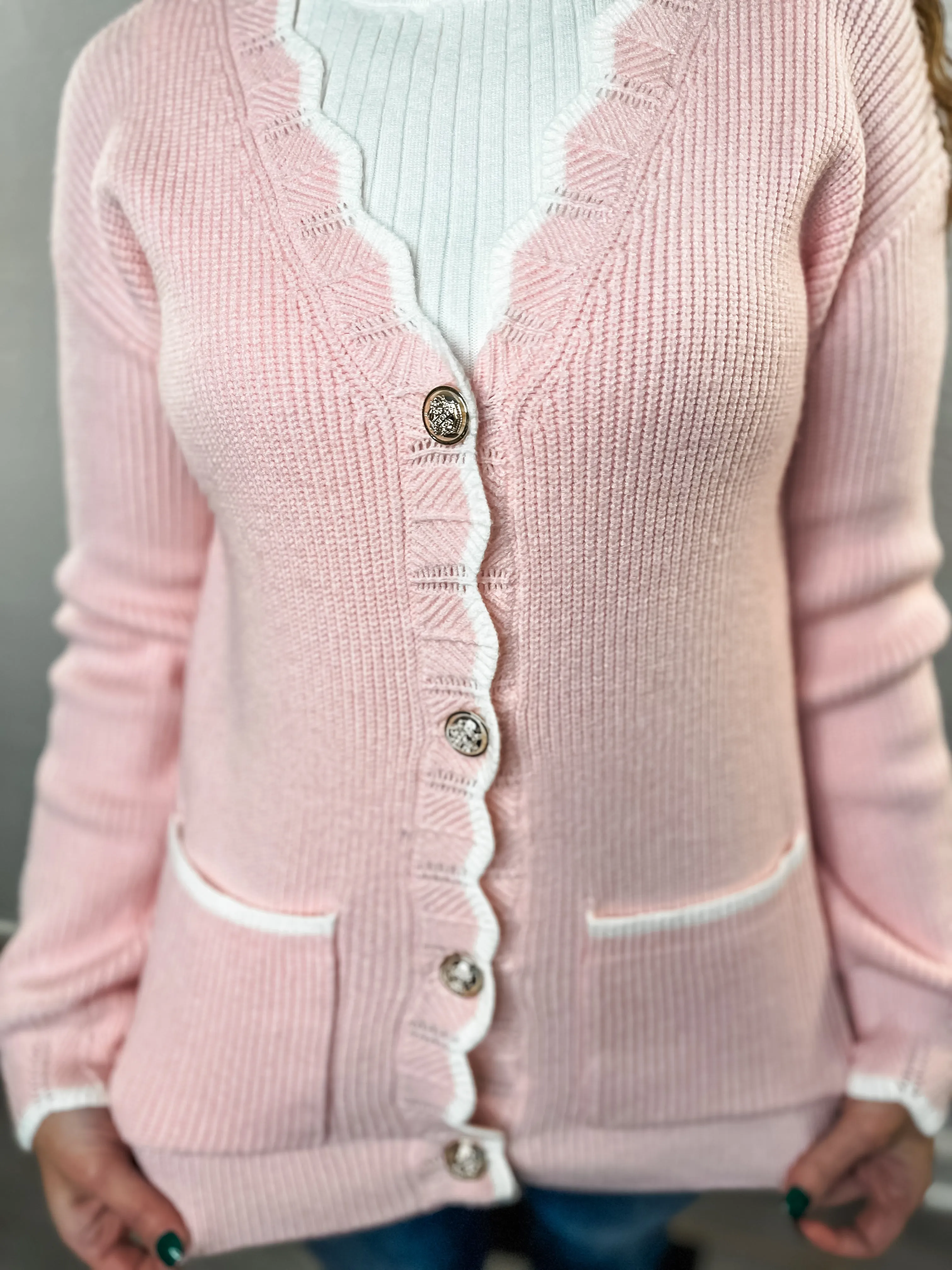 Pink Scalloped Edge Button Cardigan