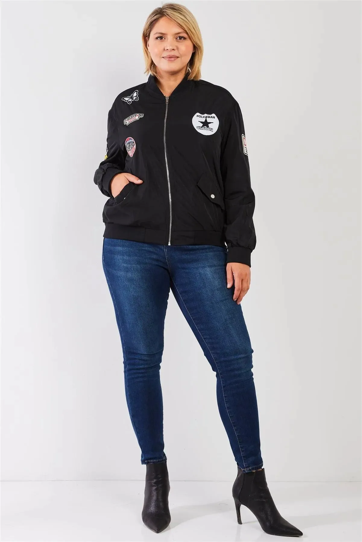 Plus Size Aviator Retro Patches Bomber Jacket