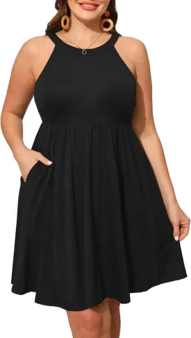 Plus Size Summer Dress - Casual Sun Halter Neck Sleeveless Short Sundress with Pockets