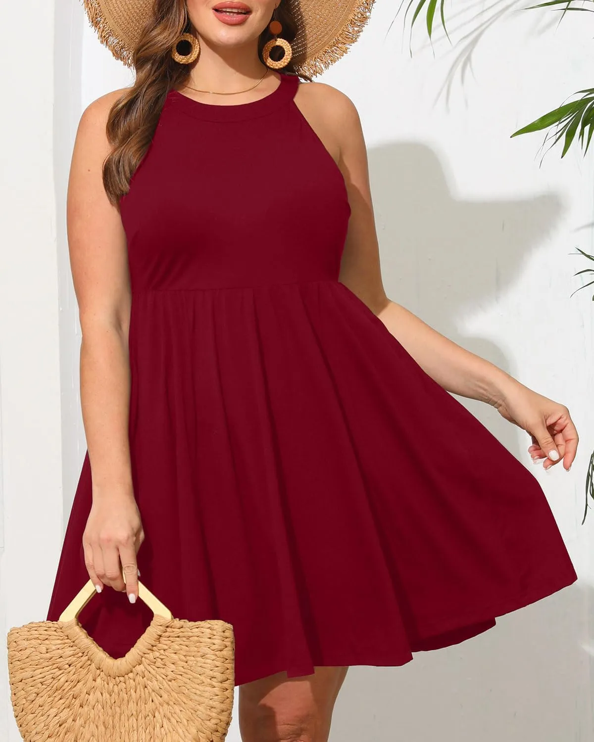 Plus Size Summer Dress - Casual Sun Halter Neck Sleeveless Short Sundress with Pockets