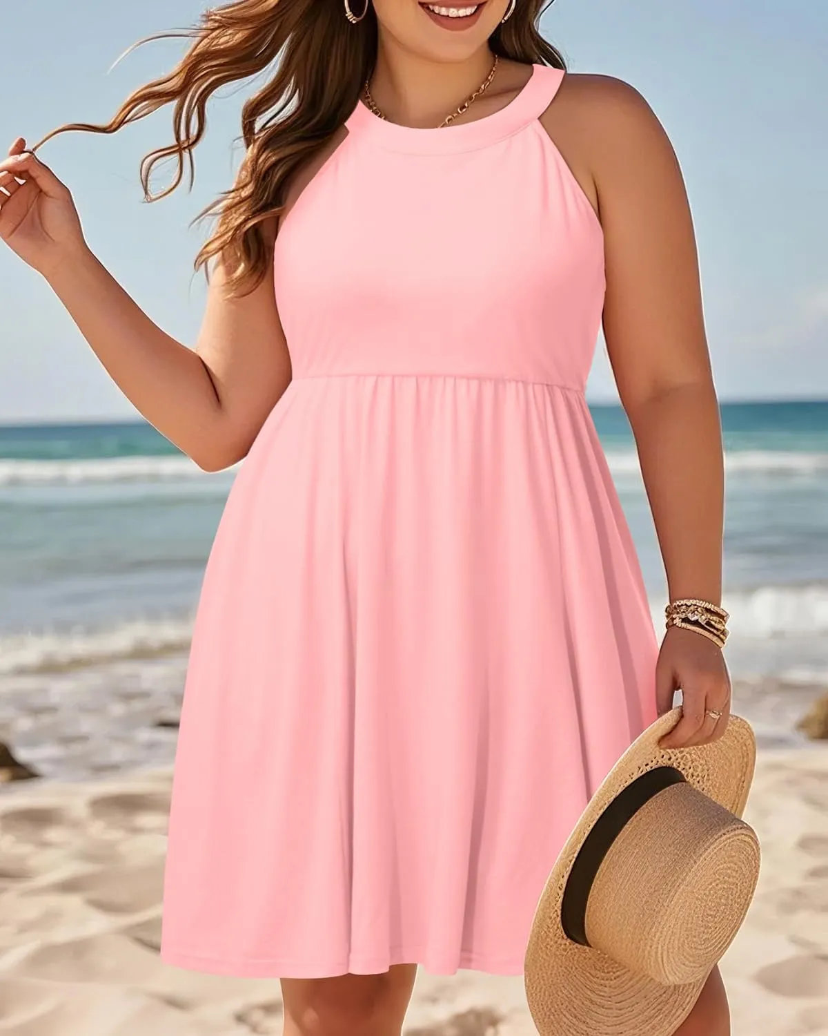 Plus Size Summer Dress - Casual Sun Halter Neck Sleeveless Short Sundress with Pockets