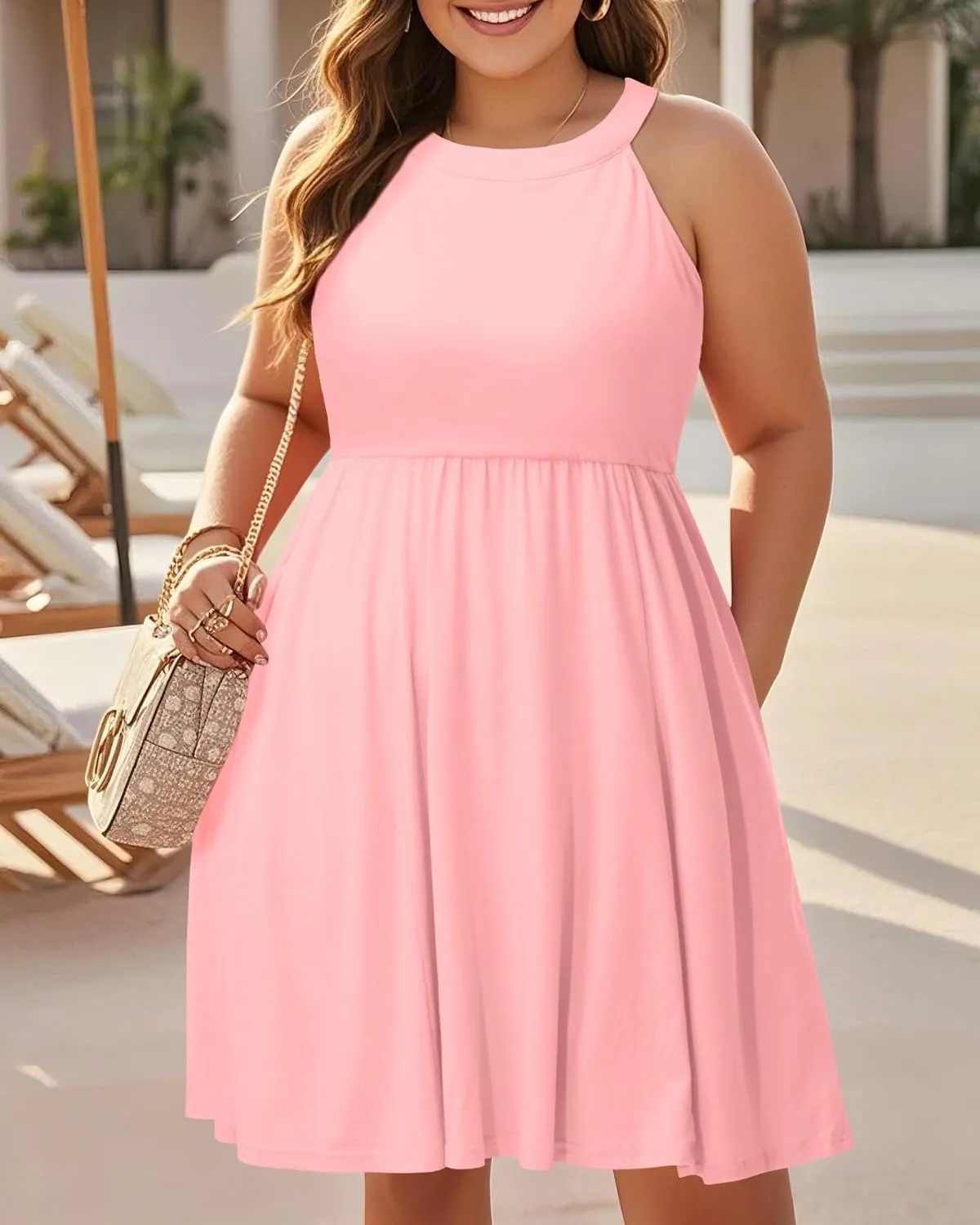 Plus Size Summer Dress - Casual Sun Halter Neck Sleeveless Short Sundress with Pockets