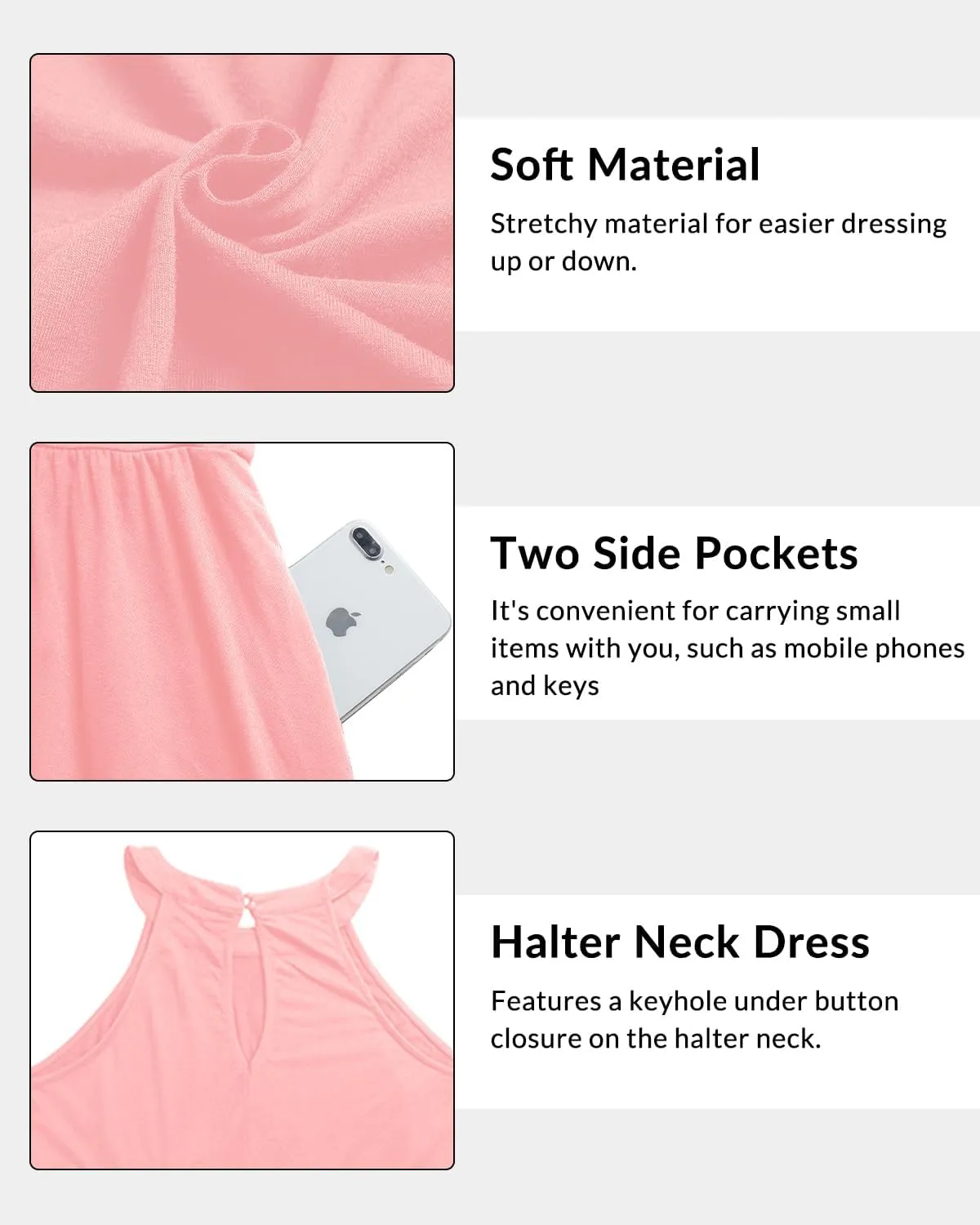 Plus Size Summer Dress - Casual Sun Halter Neck Sleeveless Short Sundress with Pockets