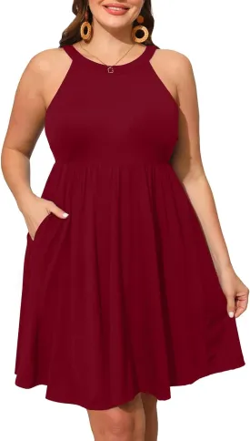 Plus Size Summer Dress - Casual Sun Halter Neck Sleeveless Short Sundress with Pockets