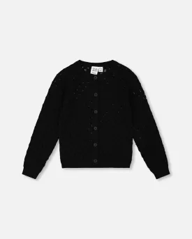 Pointelle Knit Cardigan Sweater Black