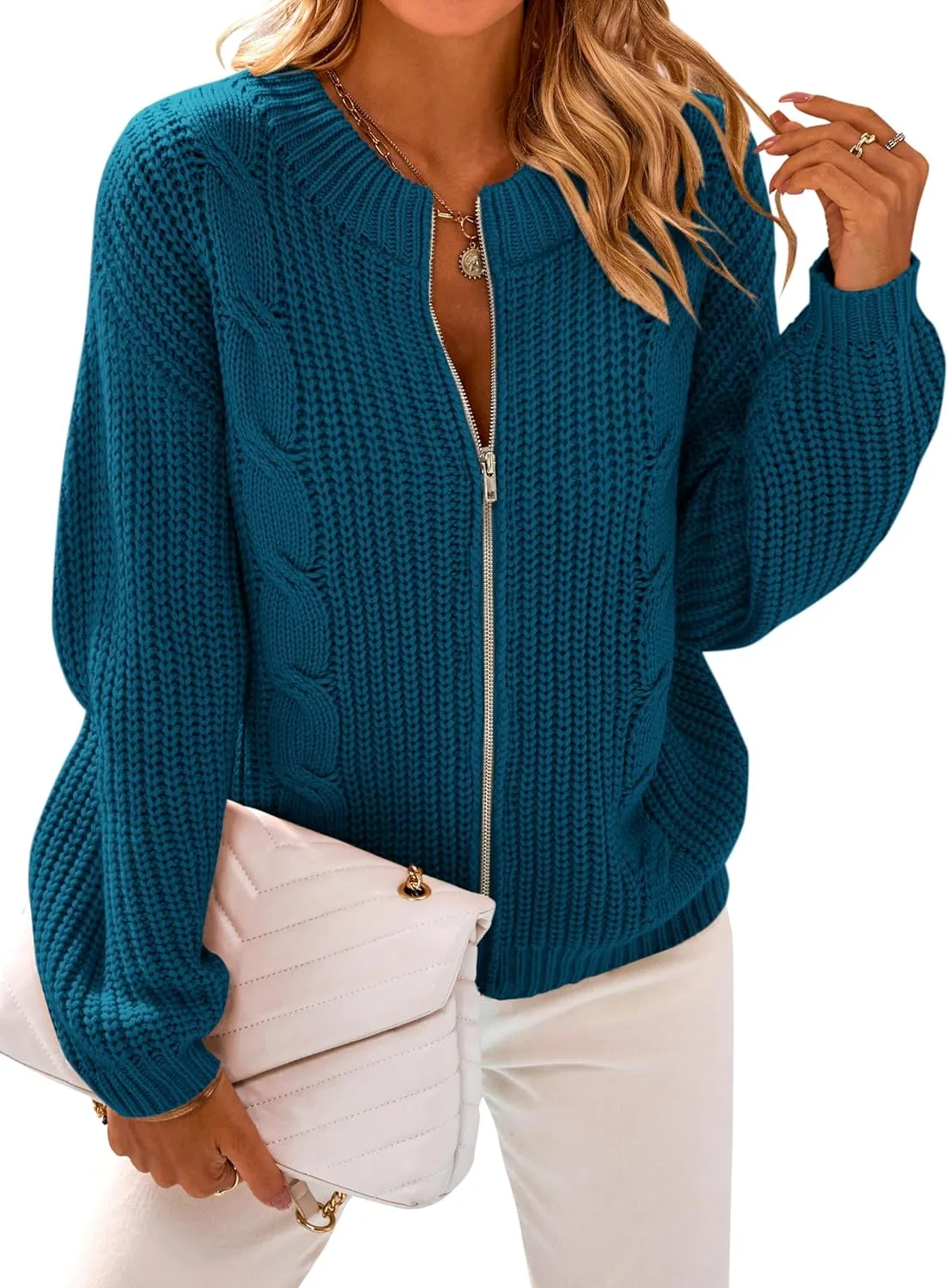 PRETTYGARDEN Women's Chunky Knit Open Front Sweater Long Sleeve Zipper Loose Short Cardigan Outerwear Coats