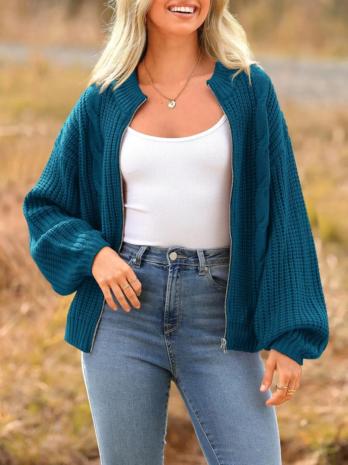 PRETTYGARDEN Women's Chunky Knit Open Front Sweater Long Sleeve Zipper Loose Short Cardigan Outerwear Coats