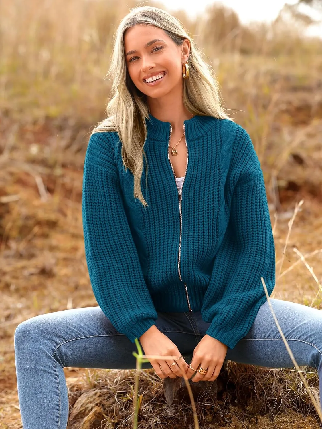 PRETTYGARDEN Women's Chunky Knit Open Front Sweater Long Sleeve Zipper Loose Short Cardigan Outerwear Coats