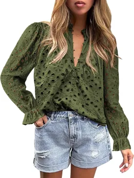 PRETTYGARDEN Women's Dressy Casual Blouse Tops Fall Spring Puff Long Sleeve Button V Neck Hollow Out Lace Embroidered Shirts