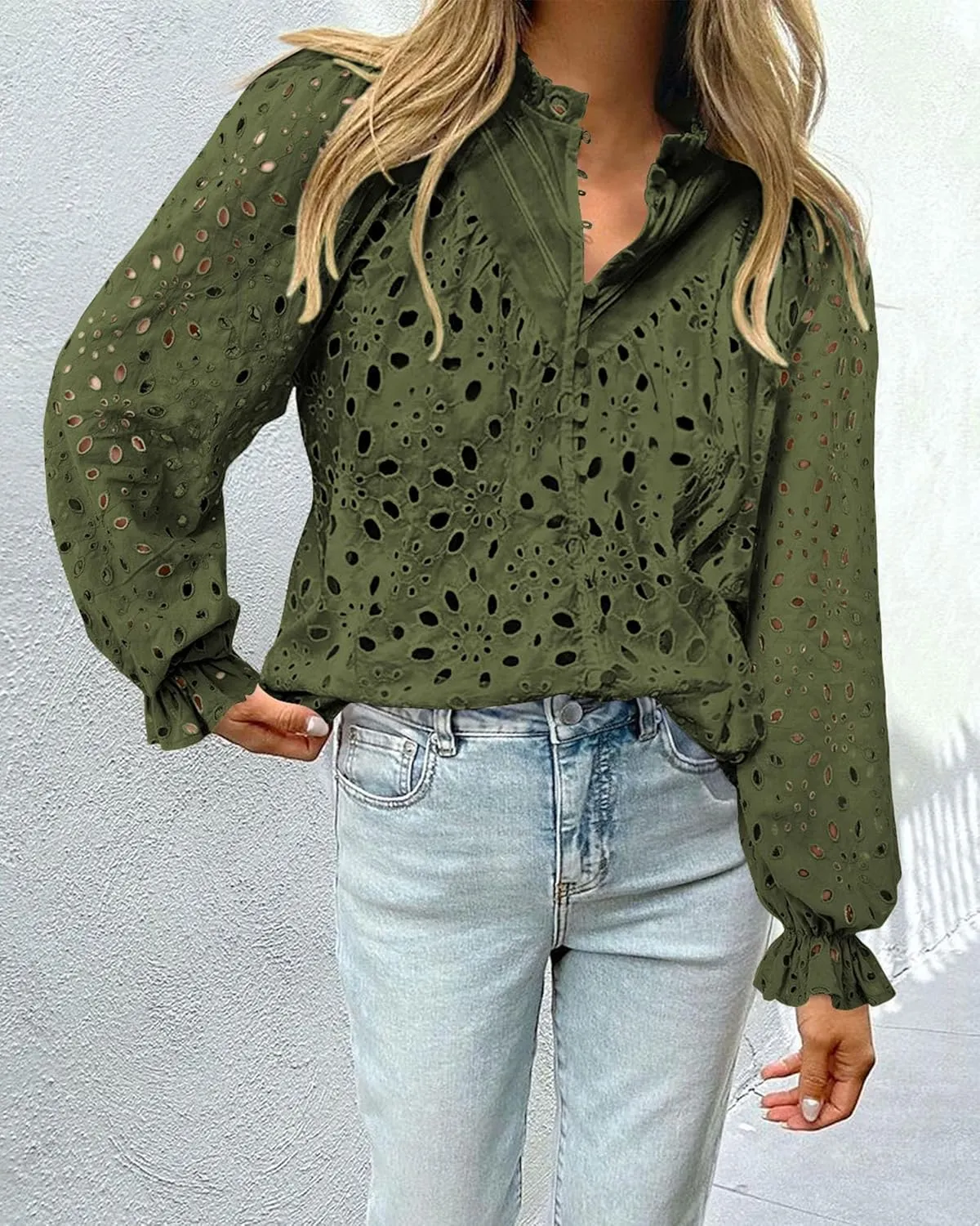 PRETTYGARDEN Women's Dressy Casual Blouse Tops Fall Spring Puff Long Sleeve Button V Neck Hollow Out Lace Embroidered Shirts