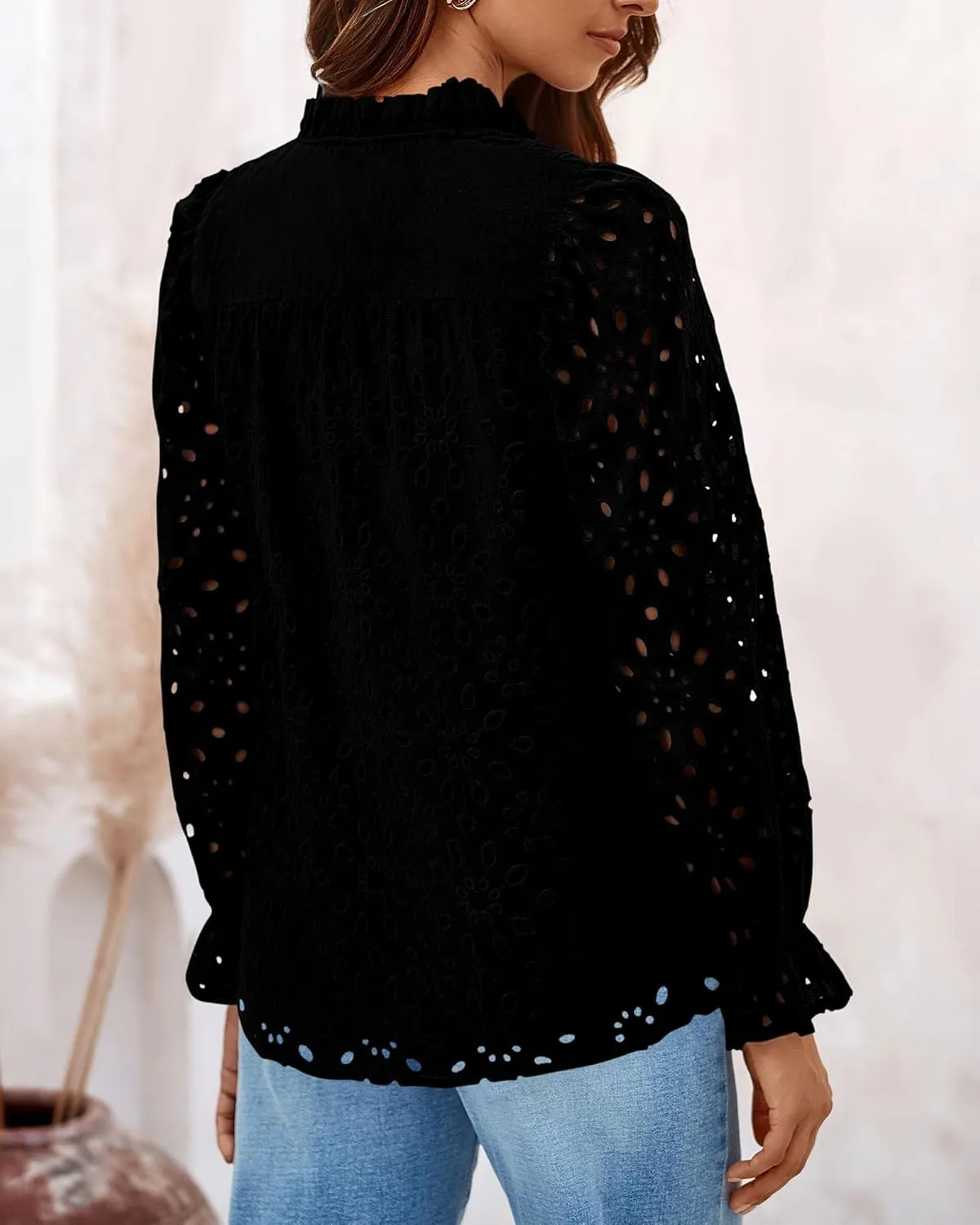 PRETTYGARDEN Women's Dressy Casual Blouse Tops Fall Spring Puff Long Sleeve Button V Neck Hollow Out Lace Embroidered Shirts