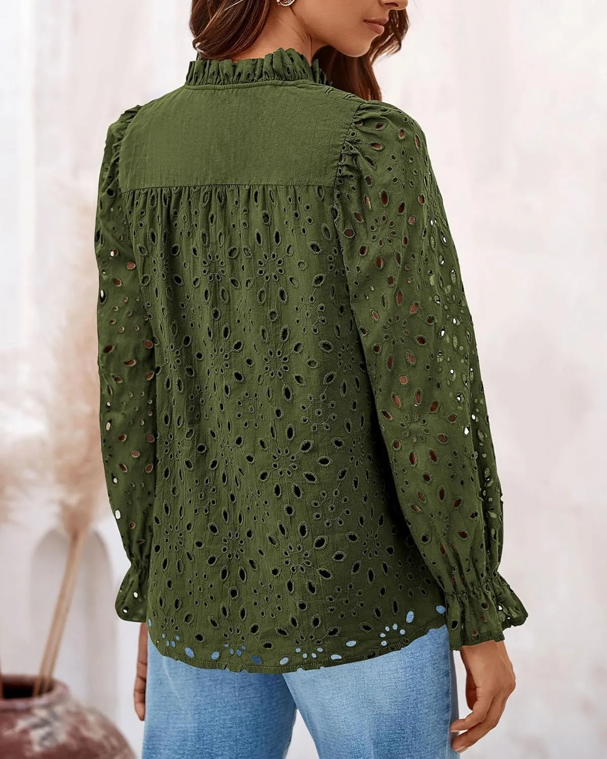PRETTYGARDEN Women's Dressy Casual Blouse Tops Fall Spring Puff Long Sleeve Button V Neck Hollow Out Lace Embroidered Shirts