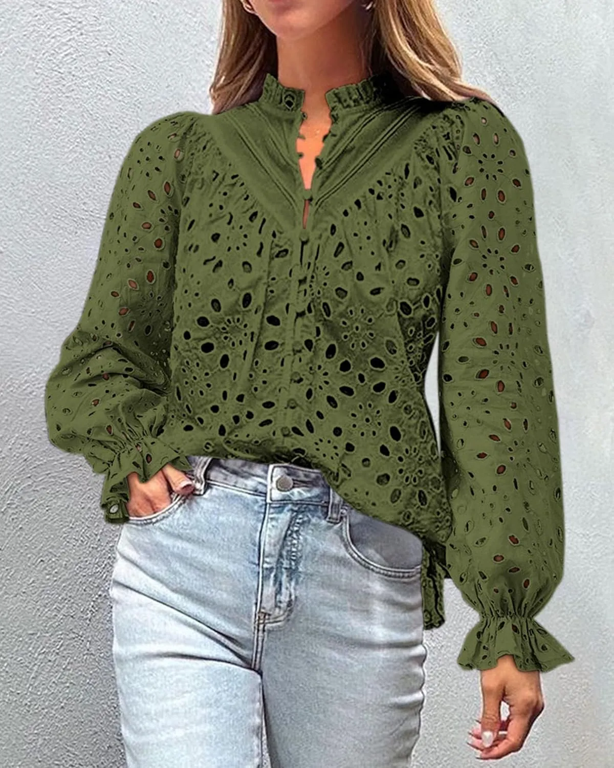 PRETTYGARDEN Women's Dressy Casual Blouse Tops Fall Spring Puff Long Sleeve Button V Neck Hollow Out Lace Embroidered Shirts