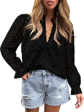 PRETTYGARDEN Women's Dressy Casual Blouse Tops Fall Spring Puff Long Sleeve Button V Neck Hollow Out Lace Embroidered Shirts