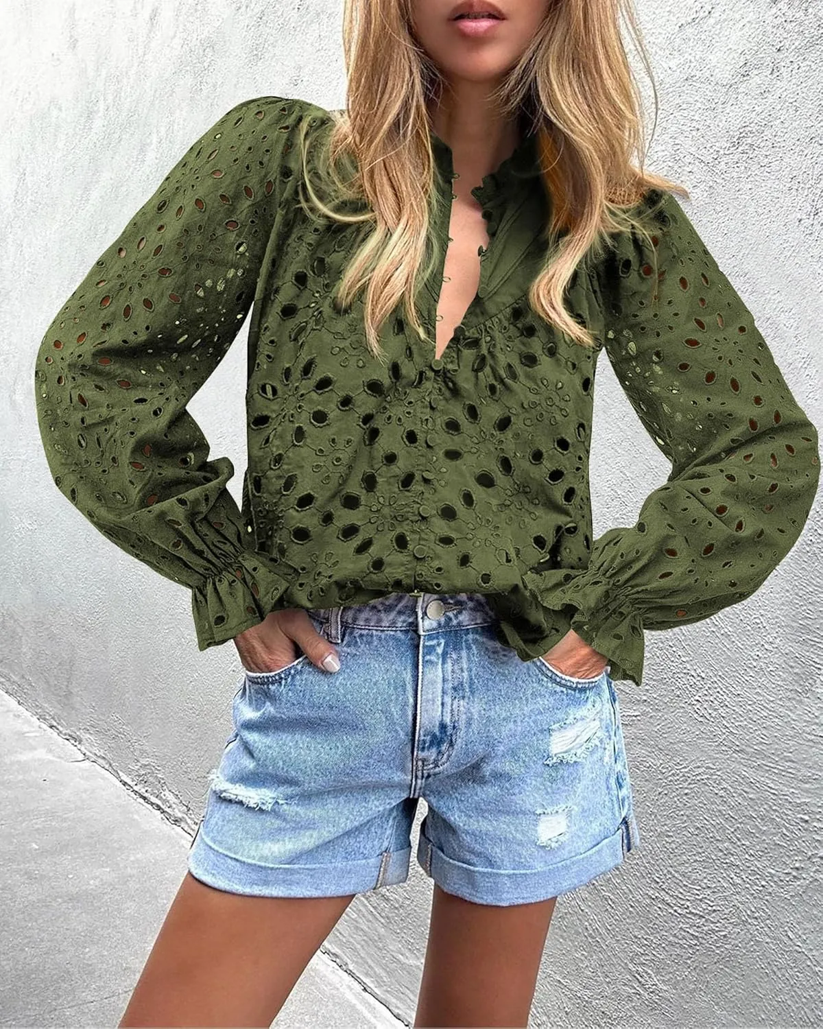 PRETTYGARDEN Women's Dressy Casual Blouse Tops Fall Spring Puff Long Sleeve Button V Neck Hollow Out Lace Embroidered Shirts