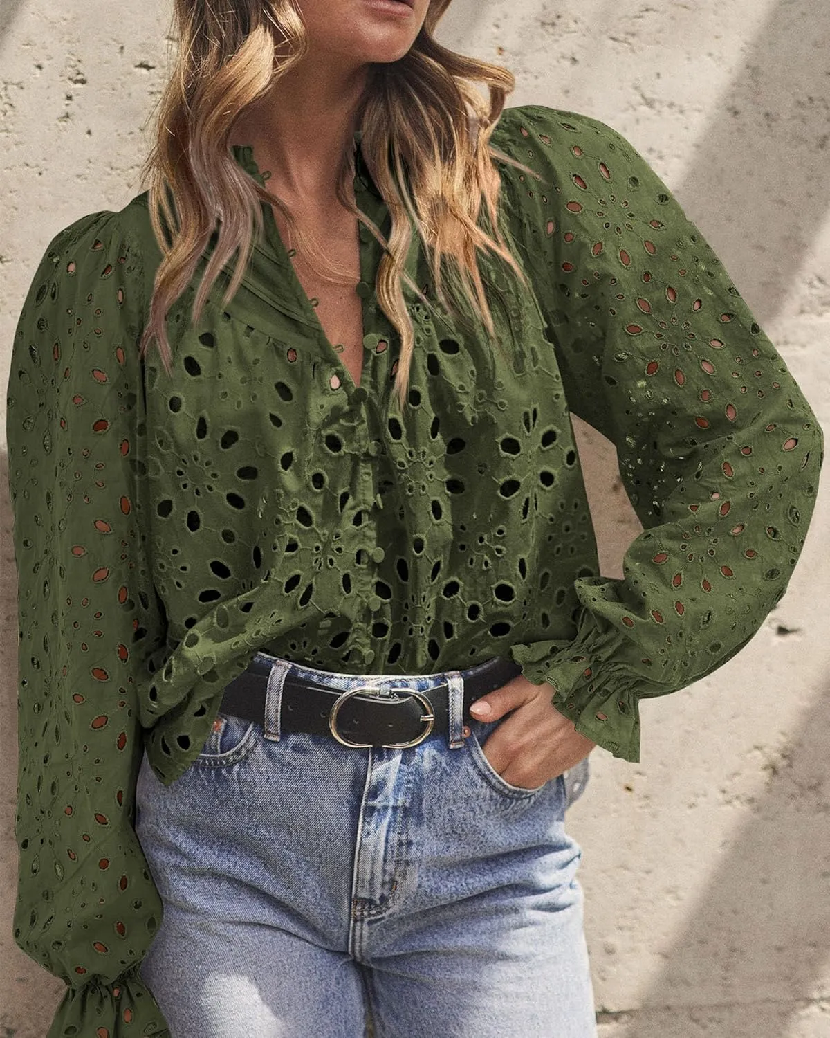 PRETTYGARDEN Women's Dressy Casual Blouse Tops Fall Spring Puff Long Sleeve Button V Neck Hollow Out Lace Embroidered Shirts