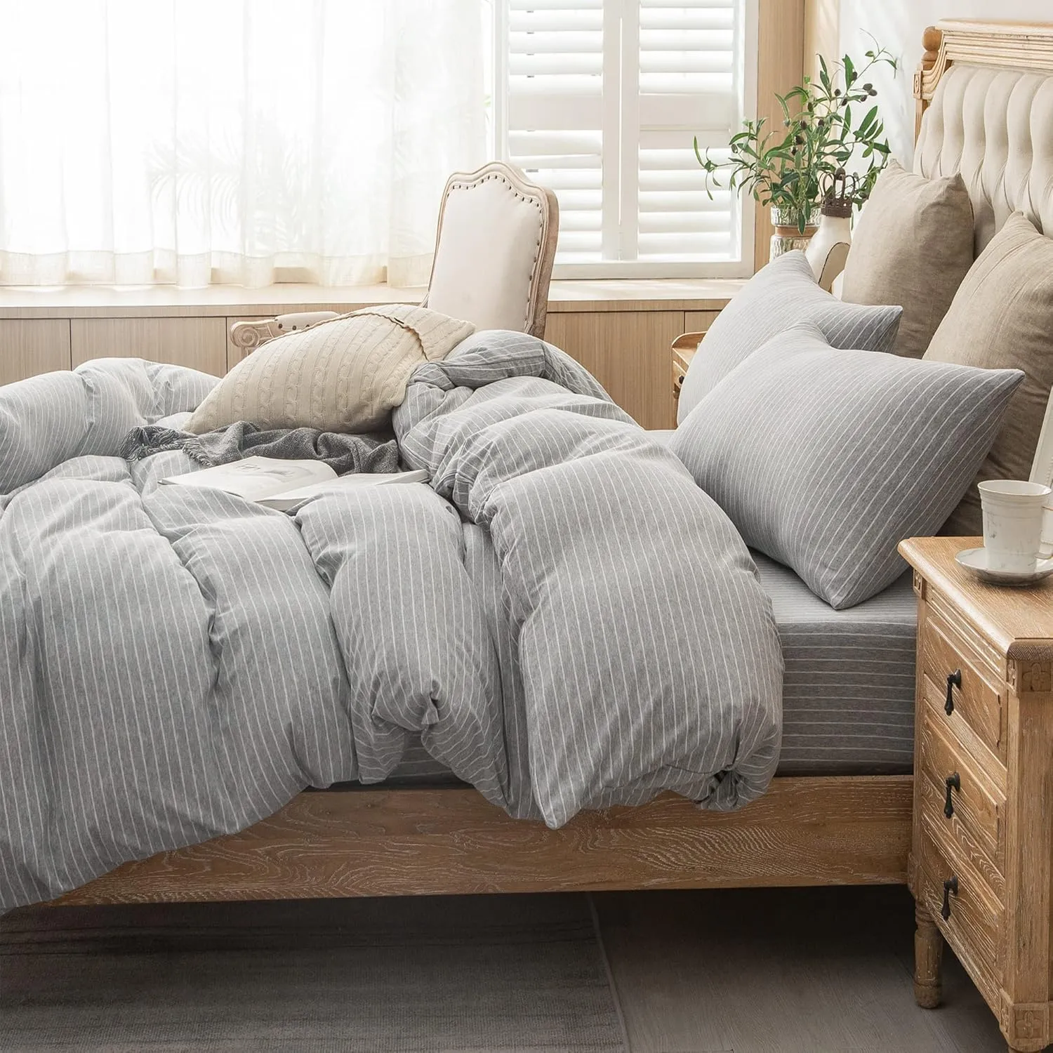 PURE ERA Jersey Knit Duvet Cover Set 100% T-Shirt Heather Cotton Super Soft Comfy Classic Striped Design, with Zipper Closure, Grey & White Pintripe, King