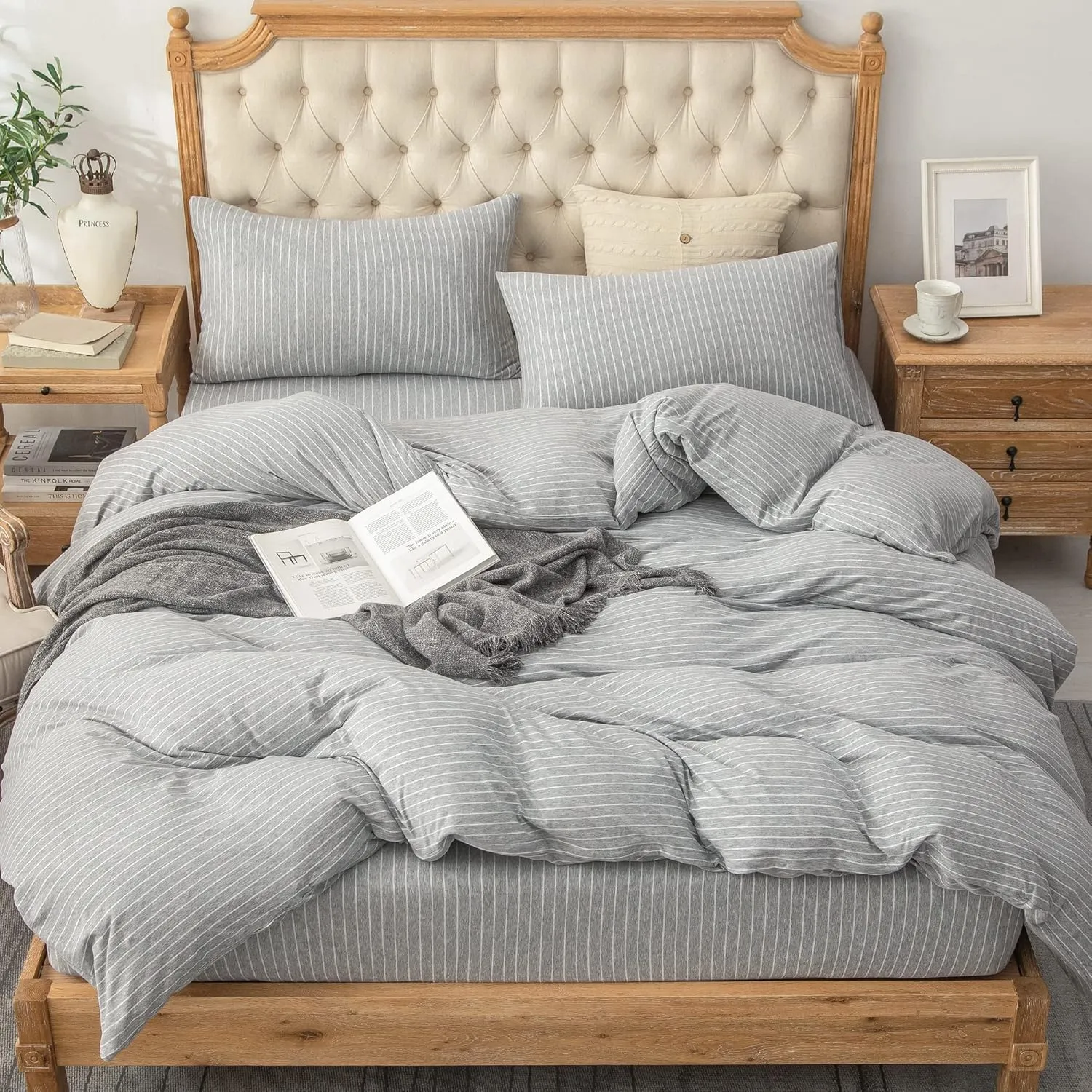 PURE ERA Jersey Knit Duvet Cover Set 100% T-Shirt Heather Cotton Super Soft Comfy Classic Striped Design, with Zipper Closure, Grey & White Pintripe, King