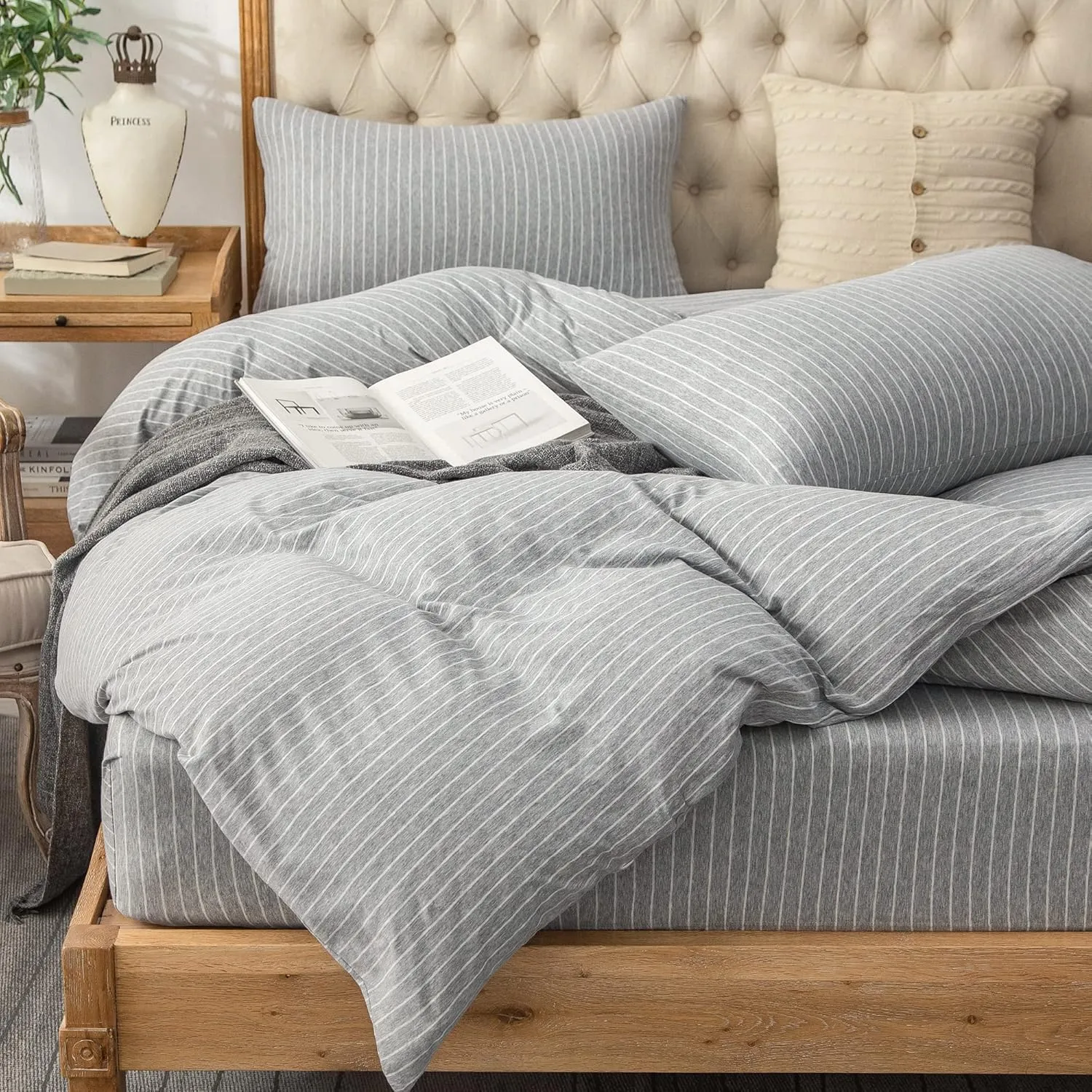 PURE ERA Jersey Knit Duvet Cover Set 100% T-Shirt Heather Cotton Super Soft Comfy Classic Striped Design, with Zipper Closure, Grey & White Pintripe, King