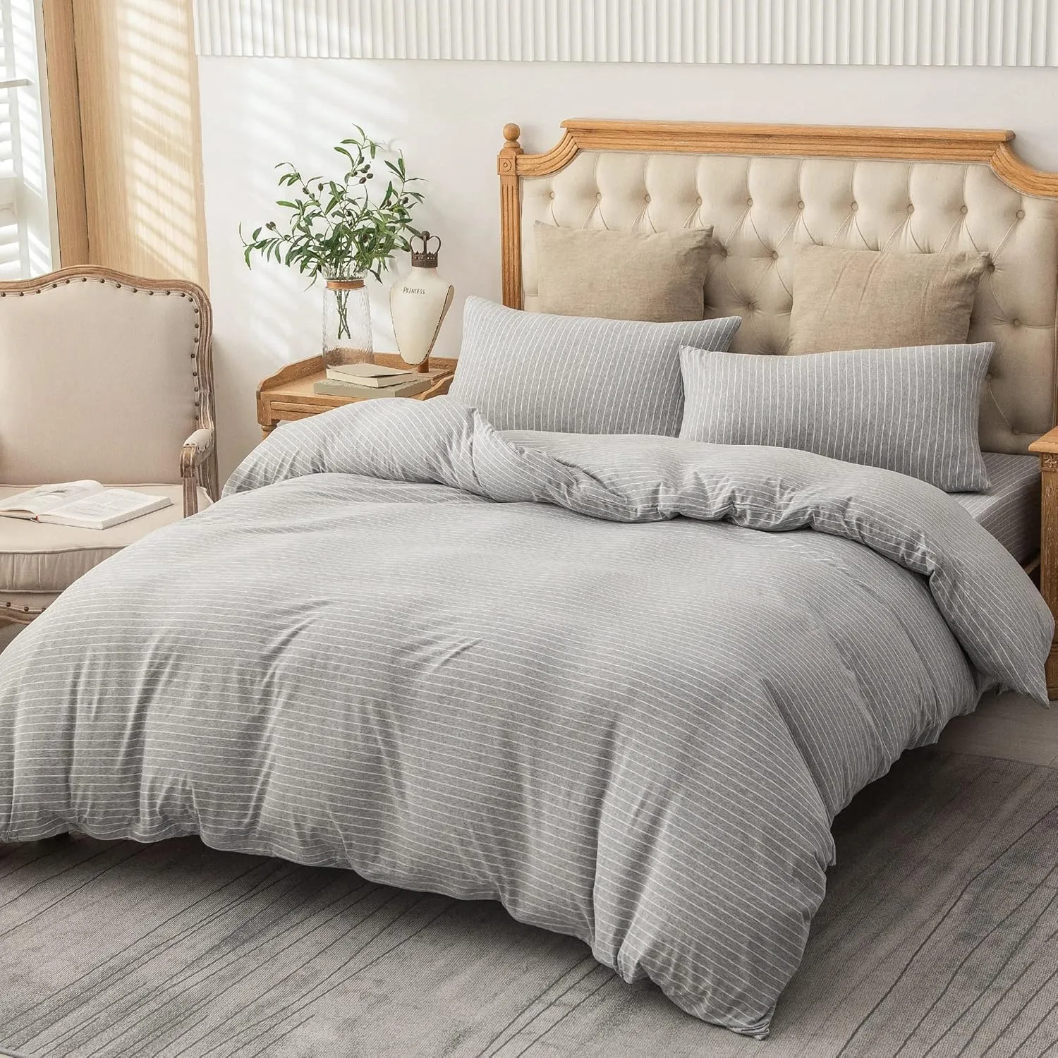 PURE ERA Jersey Knit Duvet Cover Set 100% T-Shirt Heather Cotton Super Soft Comfy Classic Striped Design, with Zipper Closure, Grey & White Pintripe, King