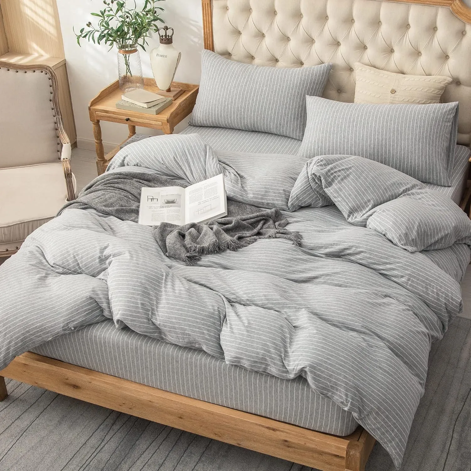 PURE ERA Jersey Knit Duvet Cover Set 100% T-Shirt Heather Cotton Super Soft Comfy Classic Striped Design, with Zipper Closure, Grey & White Pintripe, King