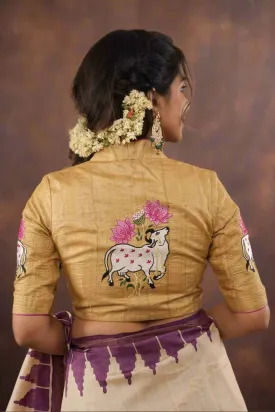 Pure Natural Tussar Blouse with pichwai cow embroidery on back and sleeves | Made to Order