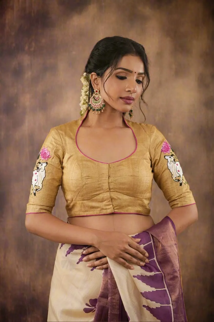 Pure Natural Tussar Blouse with pichwai cow embroidery on back and sleeves | Made to Order