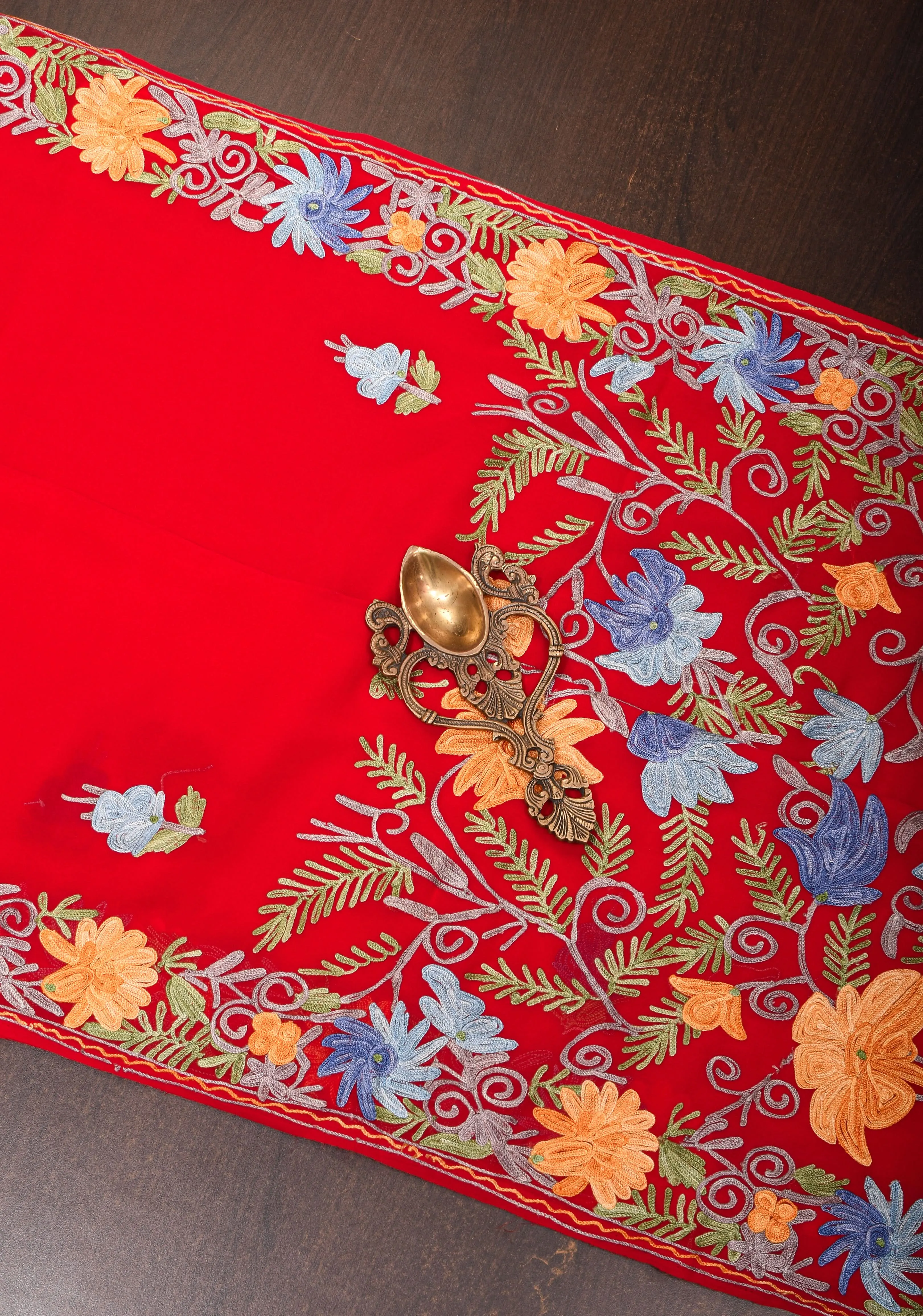 Red Kashmiri Aari Embroidered Floral Georgette Saree